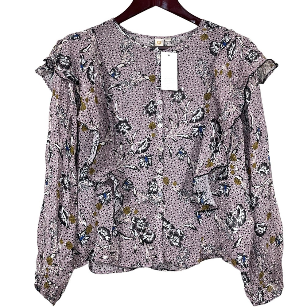 NWT Dolan Anthropologie Ruffle Blouse Womens L Purple‎ Floral Sheer Long Sleeve